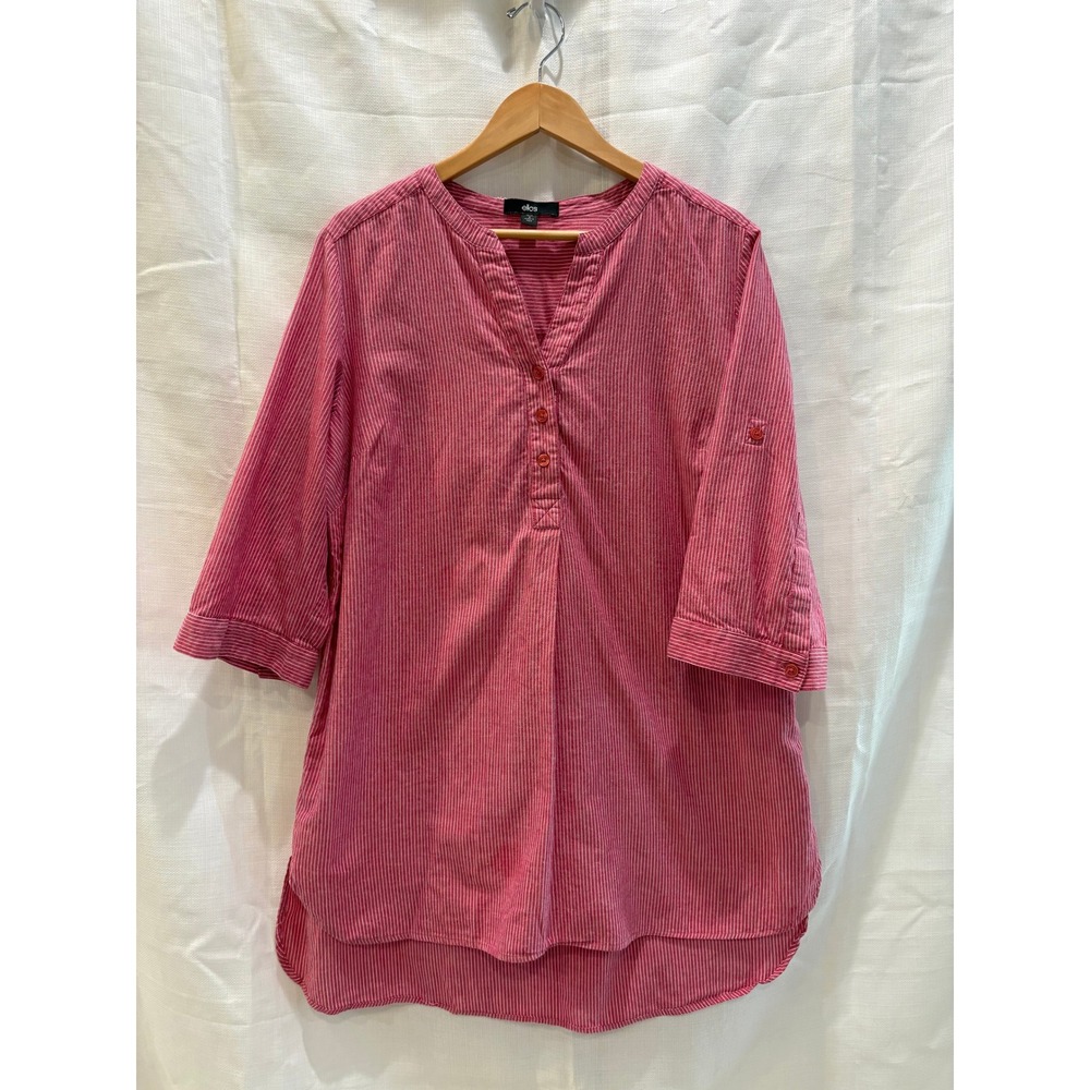 Ellos Red White Striped‎ Tunic Shirt 3/4 Sleeve Button Front Size M